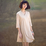 中国风复古原创设计民族风七分袖全亚麻V领纯色连衣裙女装夏装