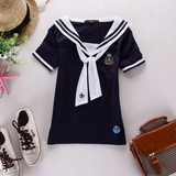 少女中学生班服校服夏装日韩英伦学院风海军水手服条纹短袖T恤衫