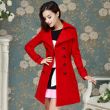 粉红大布娃娃奢华秋冬装新款女装红色双排扣配腰带羊毛呢大衣外套
