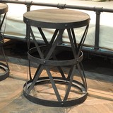 loft复古圆形实木餐椅 特色工业风咖啡厅椅子矮凳 沙发边几床尾凳