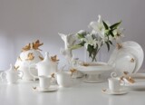 白金色浮雕蝴蝶小鸟陶瓷餐具套装骨瓷 创意韩式新婚礼品特价外贸