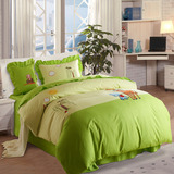 韩版绿色床单被套三件套儿童床上用品四件套全棉卡通绣花女童男童