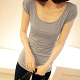 韩版莫代尔T恤女短袖修身中长款泡泡袖夏装纯色木代尔半袖体恤衫