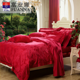 富安娜家纺床上用品提花四件套 红色床单套件婚庆床品4件套幸福里