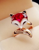 1件包邮 高品质饰品 韩国18K镀金女指环红宝石可爱招财小狐狸戒指