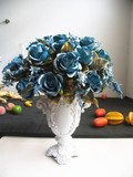 现代简欧式玻璃钢花瓶桌面插花花艺摆件 蓝色洒金玫瑰仿真花套装
