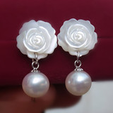 人气韩版甜美贝壳白色玫瑰花朵耳饰花色珍珠花卉925纯银耳钉耳夹