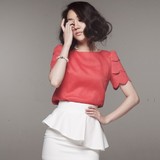 2015韩版夏装新款女装荷叶边 直筒红色亚棉麻OL通勤短袖衬衫上衣