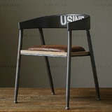 美式乡村单人餐桌椅做旧仿古工业风铁艺实木坐垫休闲办公椅带扶手