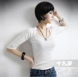包邮紧身短款打底衫 2013韩版最新款女式T恤 白色圆领七分袖女款