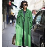欧美街拍款超长宽松女装侦探宽松水洗棉大风衣外套绿色女装