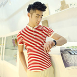 夏装新款青少年红条纹短袖T恤日系男士修身小领POLO衫潮男保罗衫