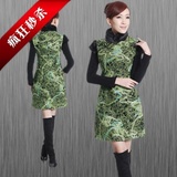 新款夹棉旗袍 复古改良时尚 冬装 毛领 冬季 冬 绿色裙 显瘦特价