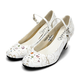 ameber品牌新品预售羊皮白色系带玛丽珍单鞋女鞋真皮高跟鞋粗跟