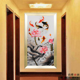 玄关挂画荷花九鱼图竖式装饰画竖版走廊挂画新中式油画过道墙画