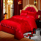 婚庆大红色四件套床上用品奢华提花韩式蕾丝床单多件套结婚4件套