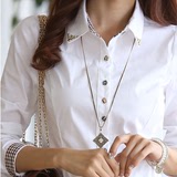 韩版镶钻长袖女衬衫2015春装新款OL职业正装工作服白色衬衣打底衫