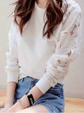 2016春夏新款韩版宽松女装卫衣女花朵蕾丝镂空拼接长袖T恤打底衫