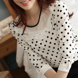 2016新款韩版圆领上衣气质黑白波点长袖衬衫休闲女装衬衣圆点小衫
