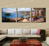 地中海油画纯手绘欧式客厅风景装饰玄关爱琴海三联无框海景画横版