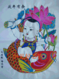 杨家埠木版年画-连年有余-荷花鱼--手工印制-现货-娃娃骑鱼批发