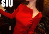 2015冬装新款夜店性感女装韩版一字领露肩修身拉链针织包臀连衣裙