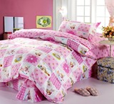 全棉斜纹三件套儿童床单人床开心小熊粉色印花款特价包邮