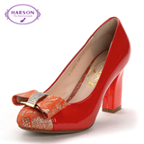 哈森/Harson 2014季新款蕾丝水钻蝴蝶结单鞋 粗高跟女鞋HS49072