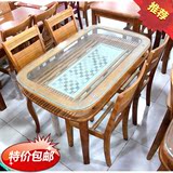 特价包邮田园餐桌椅组合实木双层台面玻璃餐桌钢化玻璃餐桌