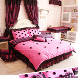 韩国韩式家纺波点粉色玫瑰公主床上用品全棉婚庆被套床单三四件套