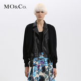 MO&Co.春季款PU拼接斜开襟拉链口袋上衣女个性机车风短款外套moco