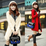 秋冬新款韩版女装加绒加厚麻花修身带帽中长款针织衫毛衣开衫外套