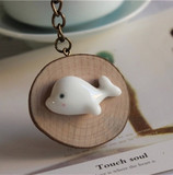 创意陶瓷 小海豚圆木立体可爱卡通情侣钥匙扣 DIY龙猫西瓜钥匙扣