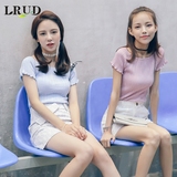 LRUD2016夏季新款韩版圆领木耳边短袖T恤女修身弹力纯色针织衫