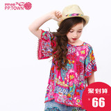 pptown女童短袖印花衬衫2016夏季新款儿童装民族风宽松衬衣3371