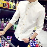 夏季新款韩版男装男士休闲修身白色中袖衬衫潮男款亚麻七分袖衬衣