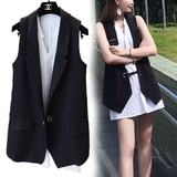 2016夏装新款韩版无袖中长款西装马甲背心显瘦黑白色两件套女套装