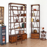 美式乡村大书架书柜创意铁艺实木置物架带梯搁板复古做旧收纳层架