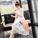 2016春夏韩版女装宽松棉麻五分袖连衣裙两件套装复古A字长裙子