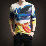 印花长袖T恤男士春季韩版修身3D花体恤青年修身V领个性针织打底衫