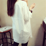 韩国东大门春新款宽松bf风大版棉中长款白色衬衫女大码长袖衬衣女