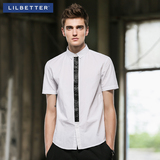 Lilbetter男士短袖白衬衫 皮条拼接学院风青少年简约夏装衬衣男潮