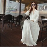 新款韩版夏季女装清晰气质衬衫领波西米亚长袖雪纺百褶长款连衣裙