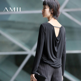 Amii[极简主义]2016秋纯色长袖镂空露背宽松大码T恤女装11683022
