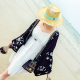 2016中长款海边度假沙滩防晒衫女长袖上衣薄款宽松刺绣披肩外套