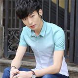 夏季青少年潮男士青年学生韩版渐变纯棉短袖衬衫潮衬衣服薄款夏天