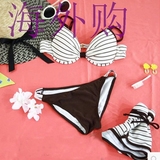 韩国新款代购泳衣女带钢托胸垫比基尼条纹泳衣分体显瘦三四件套