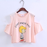 夏季韩版新款bf风卡通印花黄头发小孩露肩T恤短款女式上衣短袖t恤