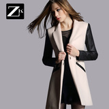 ZK2016冬装外套新款毛呢外套女款中长款毛呢大衣拼接皮袖修身大衣