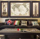 世界地图挂画美式复古装饰画欧式简约现代办公室客厅沙发墙三联画